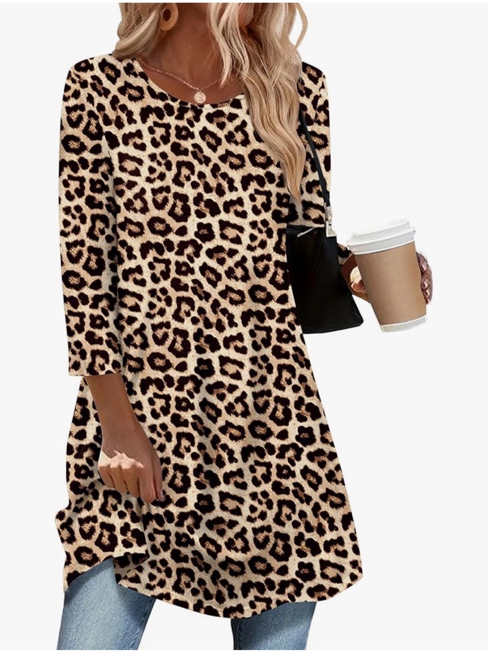 NWT Leopard Print Tunic Swing Loose Dressy Casual 3/4 Sleeve Top Women's L